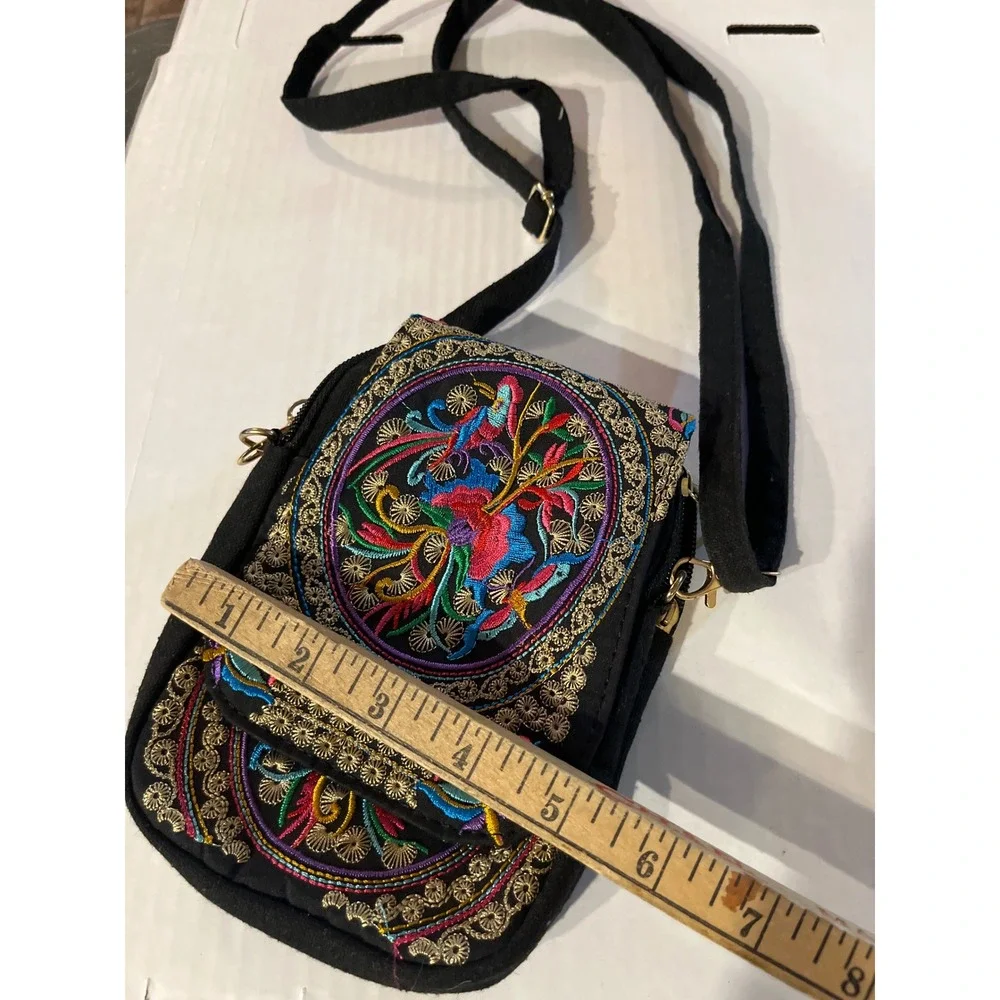 Women Black Canvas Embroidered Floral Crossbody Bag Boho Festival Small Purse